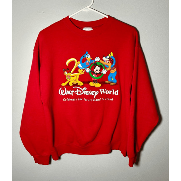 Vintage 2000 Disney Y2K Red Crewneck Sweatshirt Sz S Mickey Donald Goofy Pluto - Picture 1 of 8